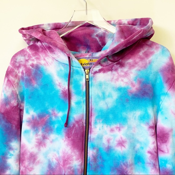 AVIATOR NATION Tie Dye Zip Up Hoodie turquoise purple XL unisex sweatshirt - Picture 3 of 11